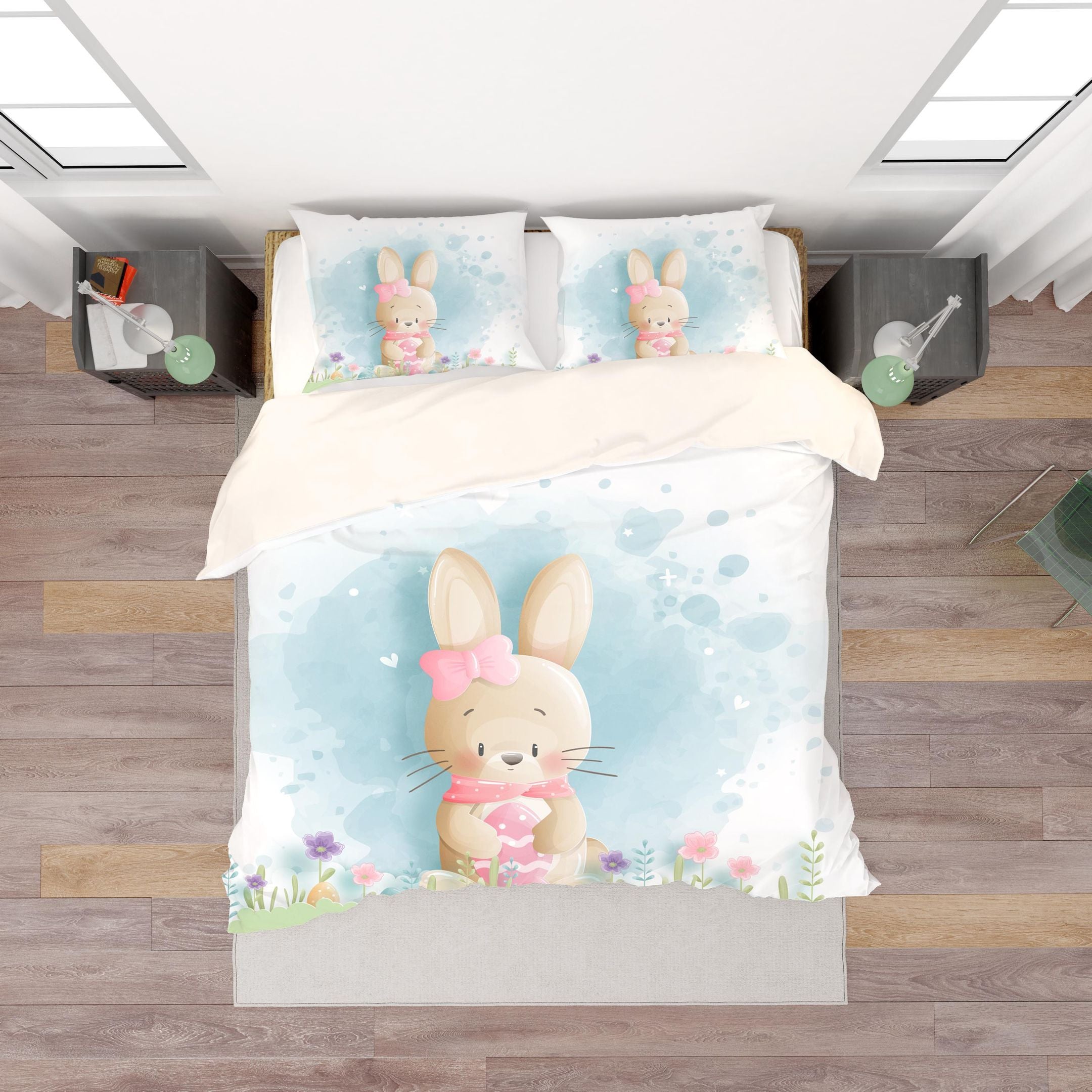 3D White Blue Rabbit Floral Egg Bedding Set Bedroom Decor