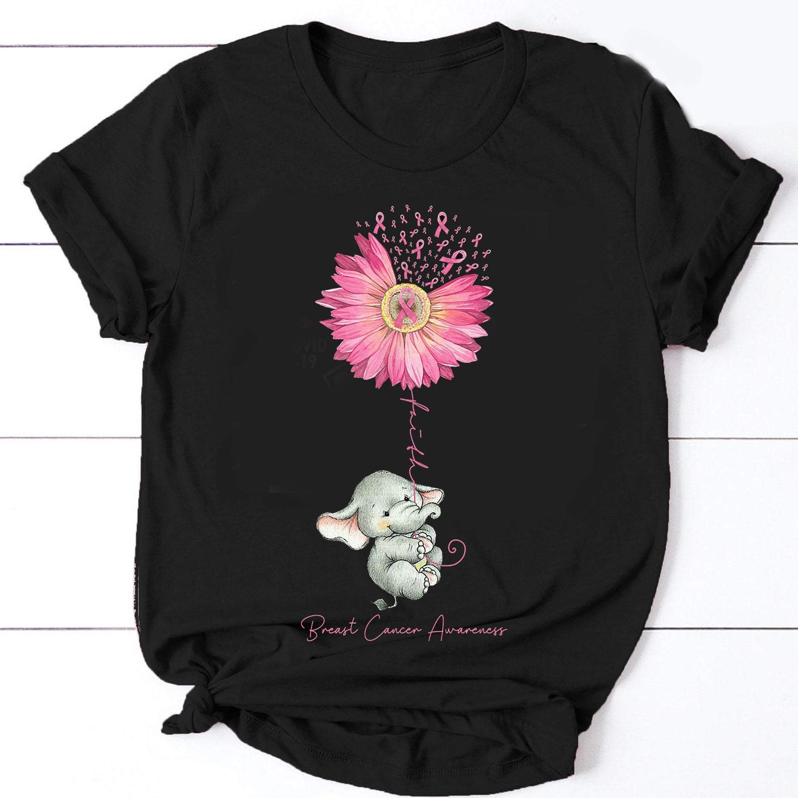 Faith Cute Elephant With Daisy Ribbon Breast Cancer Awareness T-shirt