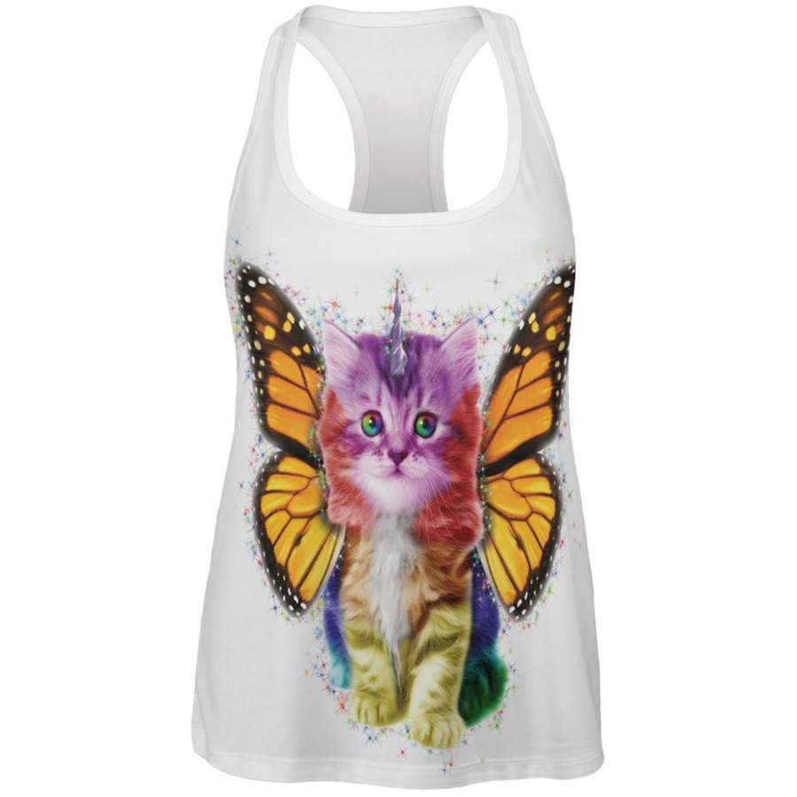 Rainbow Butterfly Unicorn Kitten Funny All Over Womens Tank Top