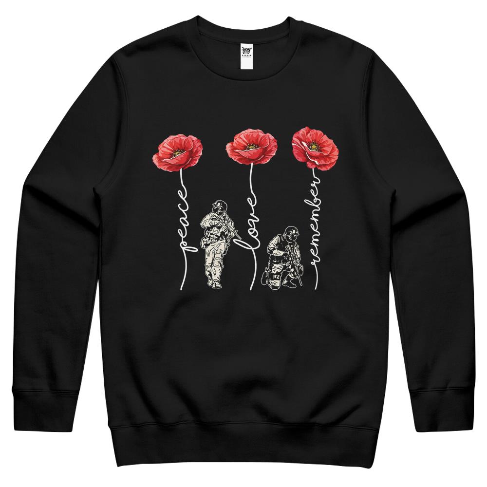 Peace Love Remember Red Poppy Flower Soldier Veteran Day Crewneck Sweatshirt