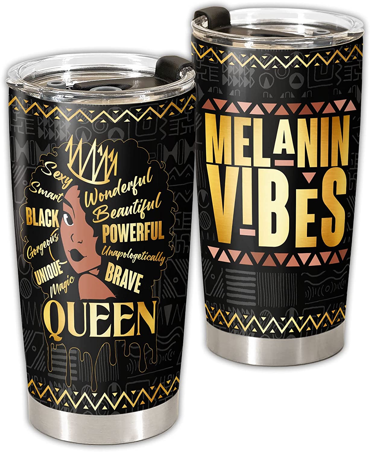 Black Woman Tumbler Lid – Drippin’ Melanin Vibes Beautiful Queen Vacuum Insulated Travel Coffee Mug – Gift For African American Women Afro Girl Mom Sister Bestie On Mothers Day Birthday