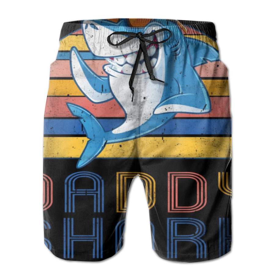 2 Pack Retro Vintage Daddy Shark Doo Poster Men Swim Trunks Drawstring Elastic Waist Quick Dry Beach Shorts with Mesh Lining Swimwear Bathing Suits