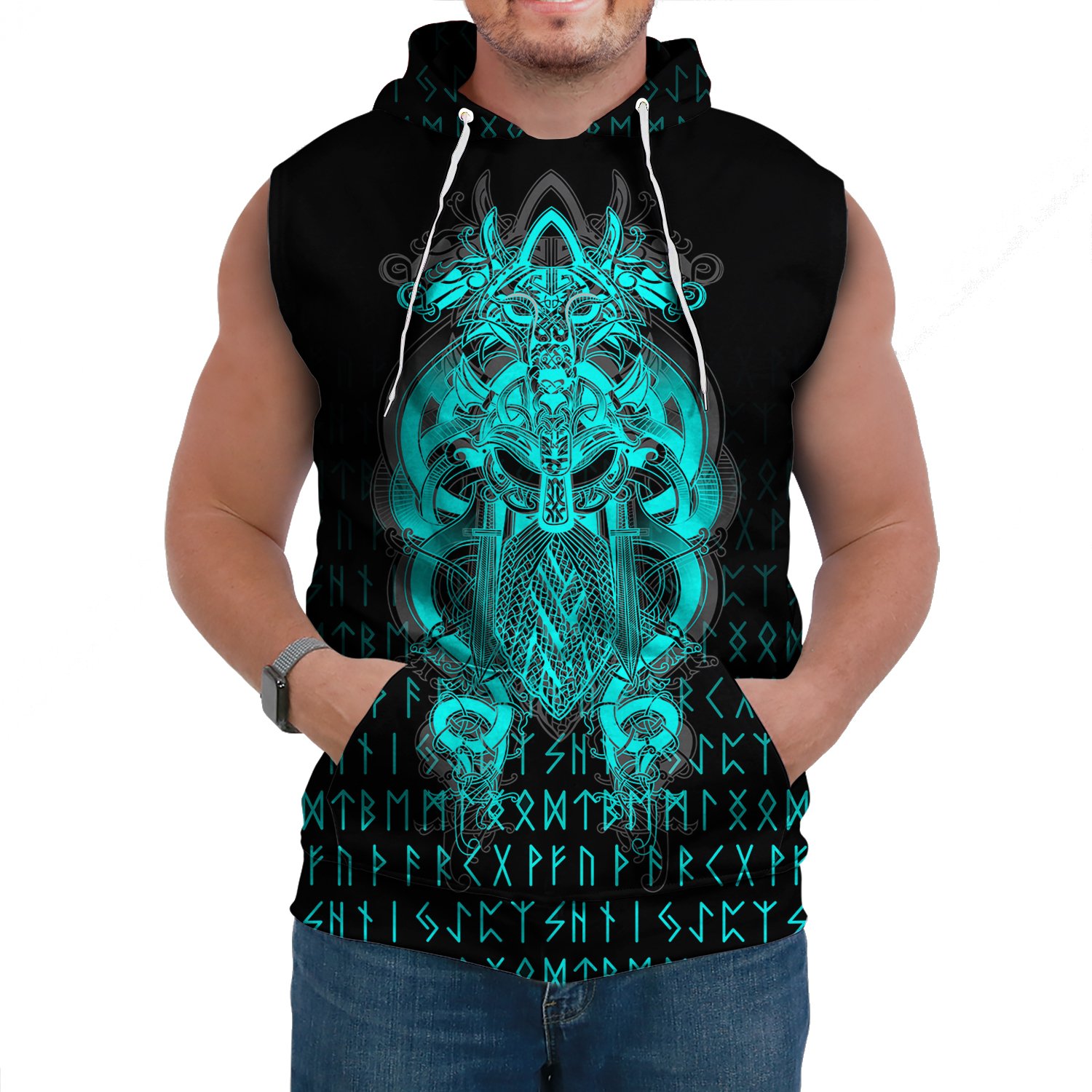 (Custom ) Viking Style Tyr Tattoo Cyan Sleeveless Hoodie A27 