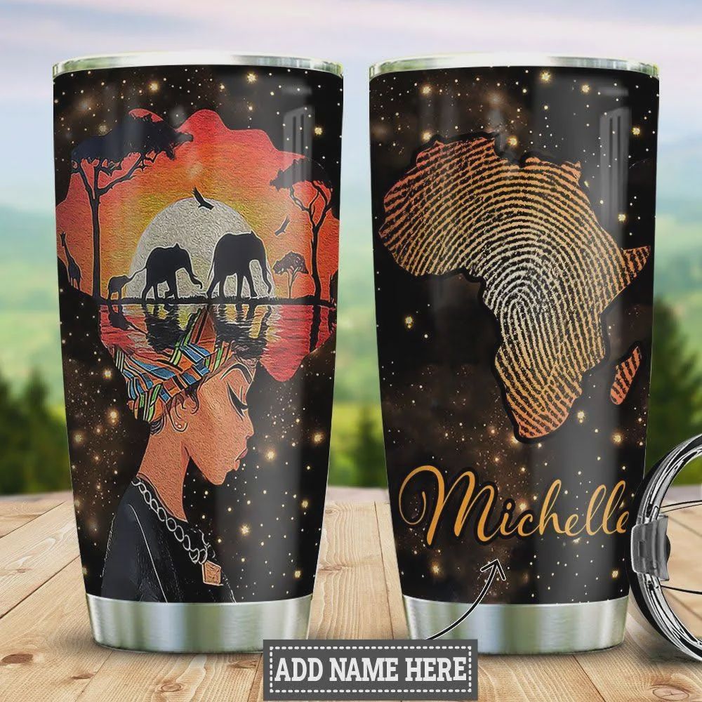 Personalized Black Woman Tumbler Cup, Stainless Steel Insulated Tumbler 20 Oz, Elephants, Sunset, Perfect Gifts For Girl, Great Gifts For Birthday Christmas Thanksgiving, Coffee/ Tea Tumbler