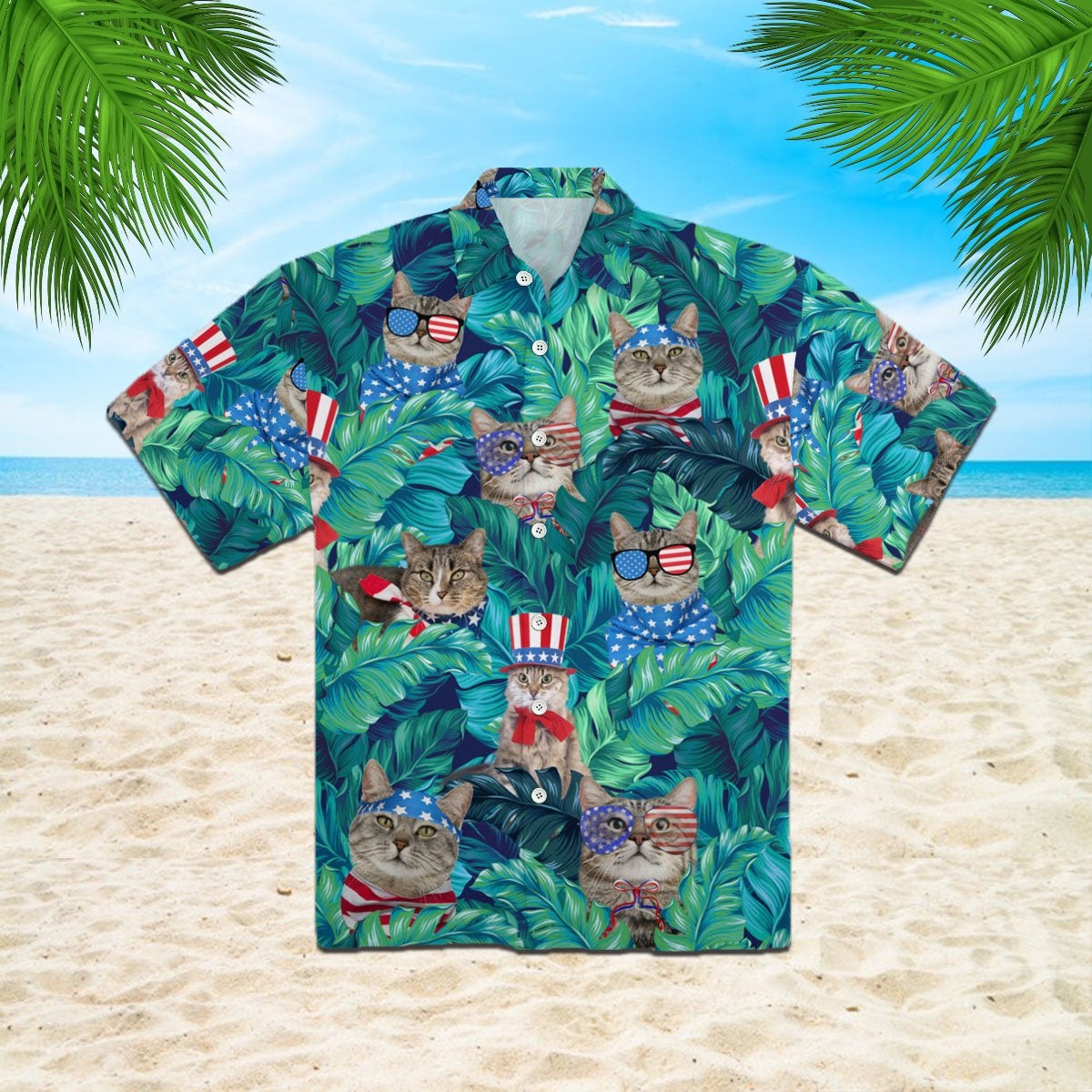 Cute Funny Cat American Flag Style Hawaii Unisex Print Aloha Short Sleeve Casual Shirt Ha98565