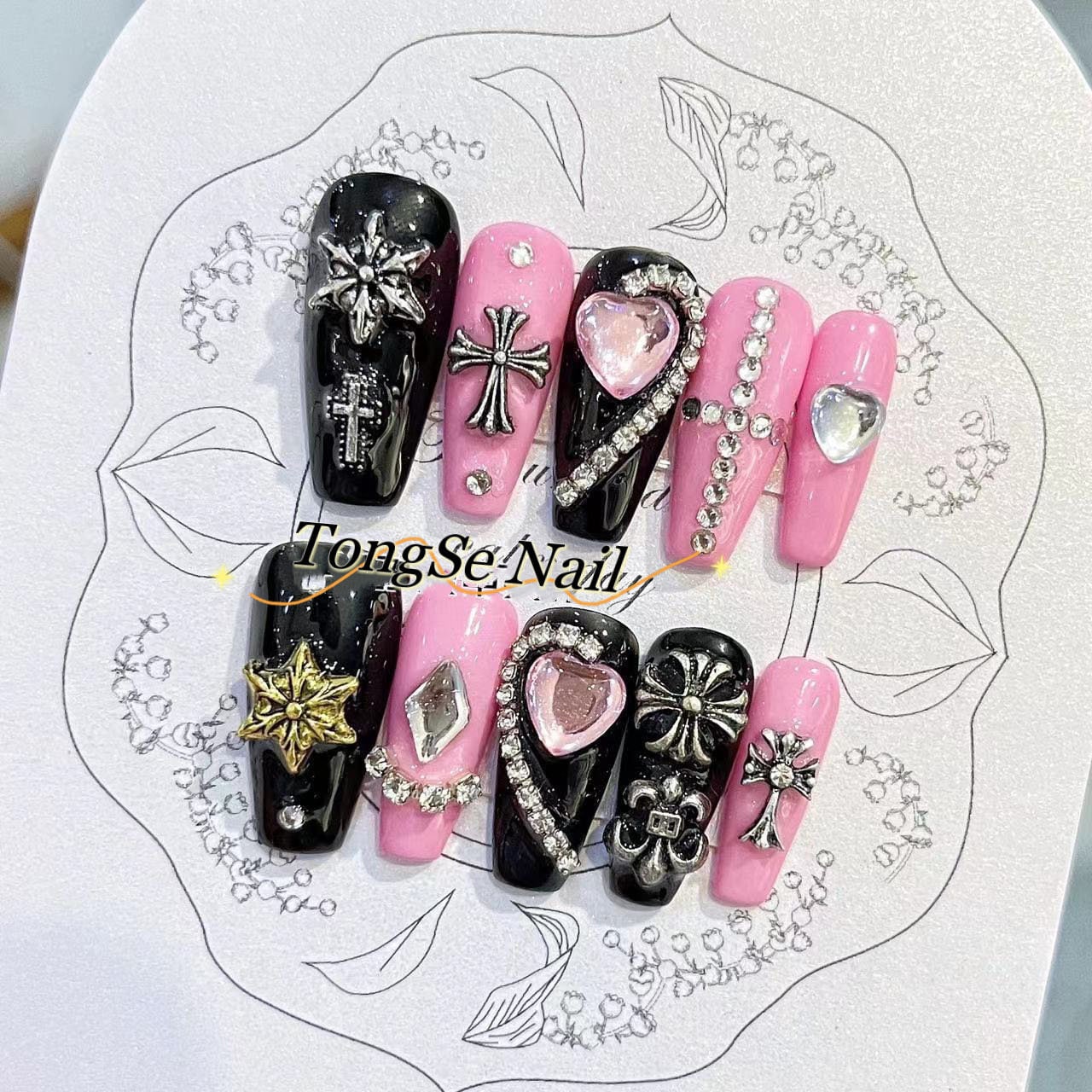 Hot Pink and black Gothic Cross Press On Nails/ Gothic Nails/ Chrome Cross Fake Nails/Coffin Gothic Party Festive Hand Painted Nails #211