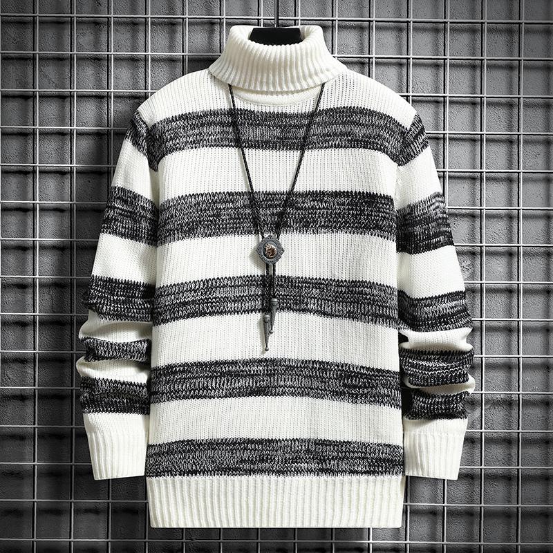 Stretwear Casual Men’s Sweater High-Neck Striped Slim Fit Knittwear 2023 Spring Mens Sweaters Pullovers Men Pull Homme M-3XL alx