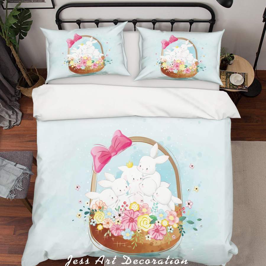 3D Rabbit Flower Basket Quilt Cover Set Bedding Set Duvet Cover Pillowcases SF01