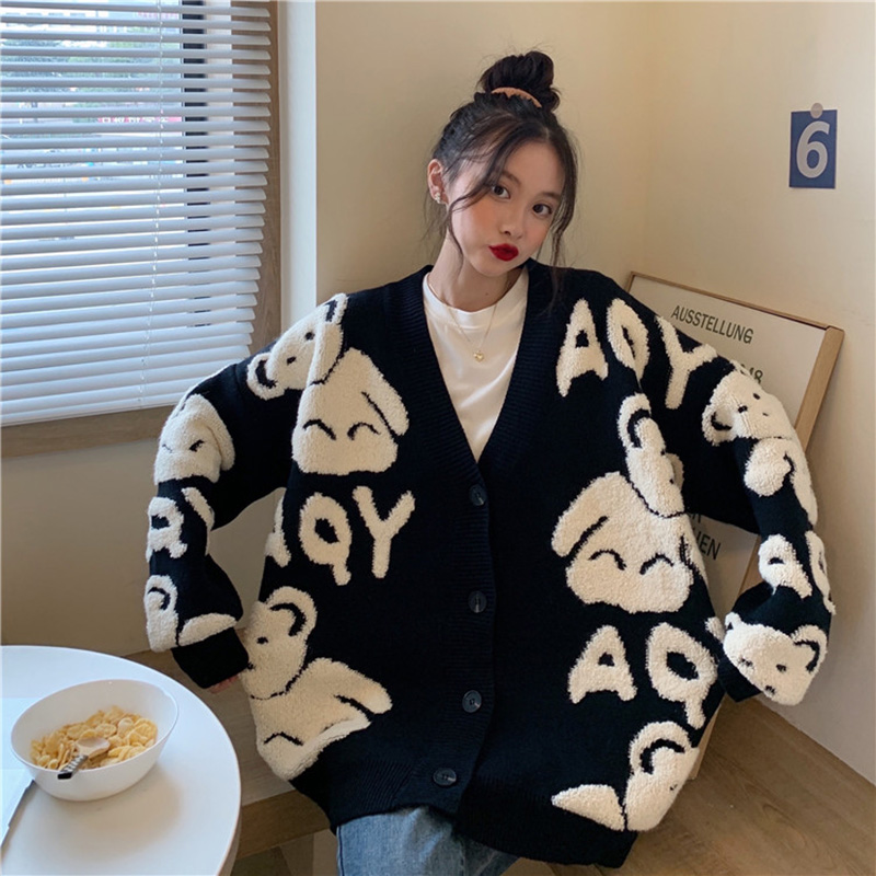 Cute Bear Soft Knitted Cardigan For Women 2020 Winter Korean Kawaii Graphic Long Sleeve Thick Sweater Casual Loose Female Outfit alx