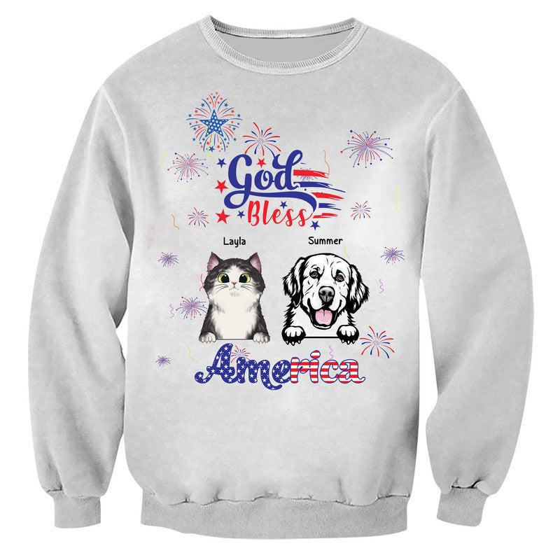 (Custom Personalised) 4Th Of July – God Bless Usa Sweatshirt Pets With Fireworks – White Lt8