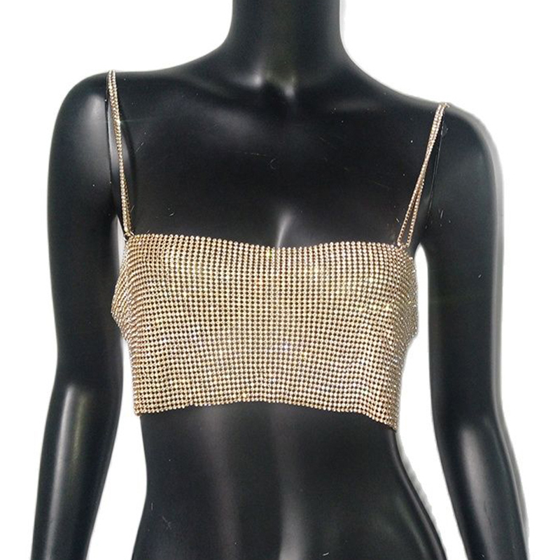 2022 Sequin Shiny Crystal Chain Tank Top Glitter Metal Mesh Halter Metallic Strap Crop Tops Festival Party Sexy Women Outfits alx