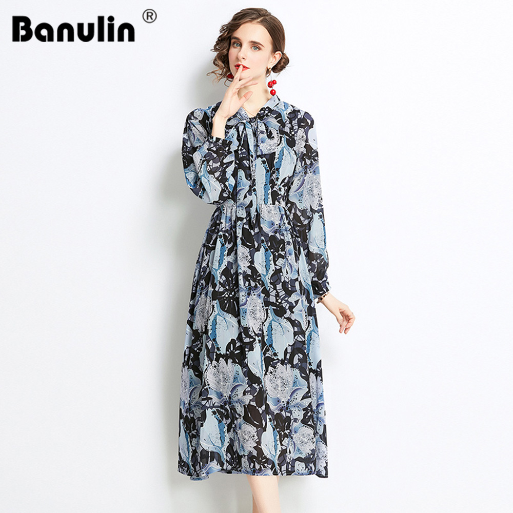 Banulin Runway Boho Midi Dress 2021 Spring Women’s Bow Neck Long Puff Sleeve Retro Floral Print High Waist Slim Party Dress alx