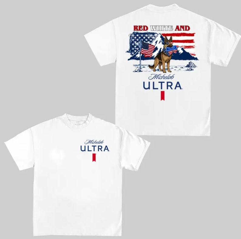 4th of July Michelob Ultra German Shepherd T-Shirt, Drinking 2-Sided Graphic Tees, Outfit Menswear Womenswear Cotton, Full Sizes