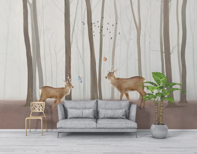 3D Hand Drawn Forest Animal Elk Wall Mural Wallpaper Lqh 59