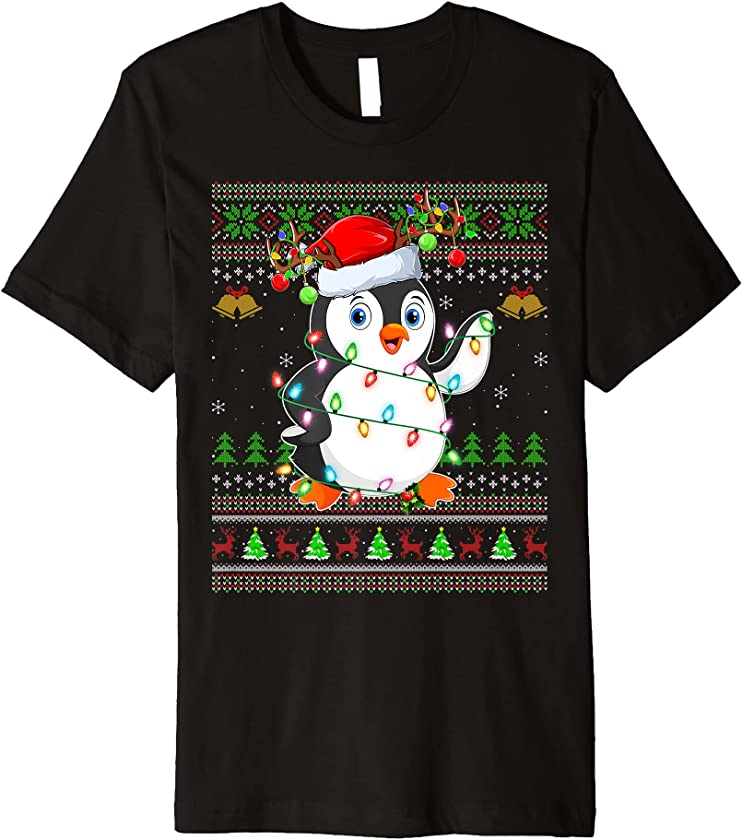 Penguin Bird Lover Xmas Santa Penguin Ugly Christmas Premium T-Shirt