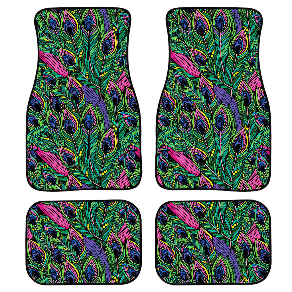 Boho Peacock Feather Pattern Print Front And Back Car Floor Mats, Front Car Mat