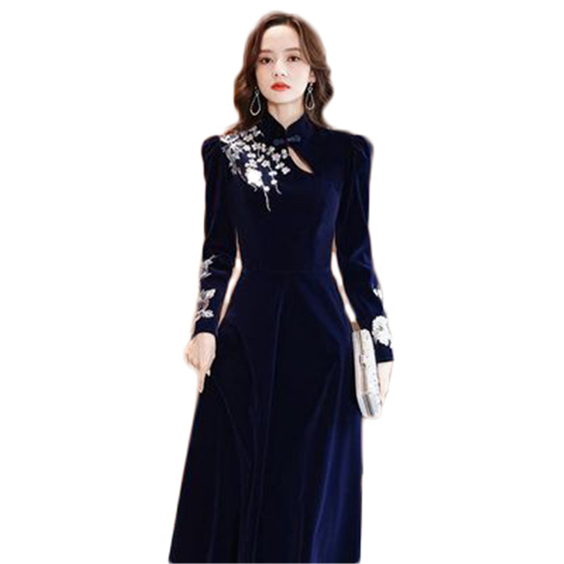 2021 New Arrivals Women’s Long Dress Cheongsam Spring Autumn Female Formal Dresses Qipao Lady Embroidery Vestido M108 alx