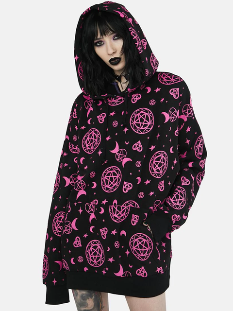 Yangelo Pink Moon Star Printed Hooded Sweatshirt Gothic Pullover Long Sleeve Black Hoodie Y2K Autumn And Winter Women’s Hoodie alx