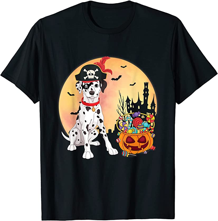 Dalmatian Dog Pirate With Pumpkin Candy Happy Halloween Day T-Shirt