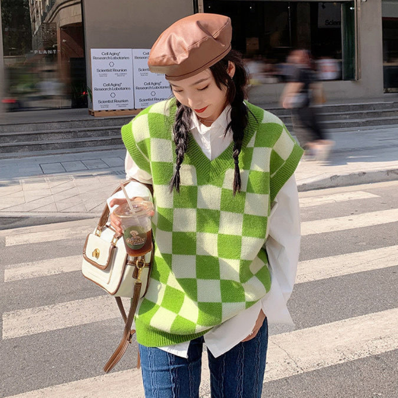 Classic Checkered Sweater Vest Women Plaid Sleeveless Knitted Jumpers Autumn Gentlewomen Tender Stylish Outerwear Warm Basic OL alx