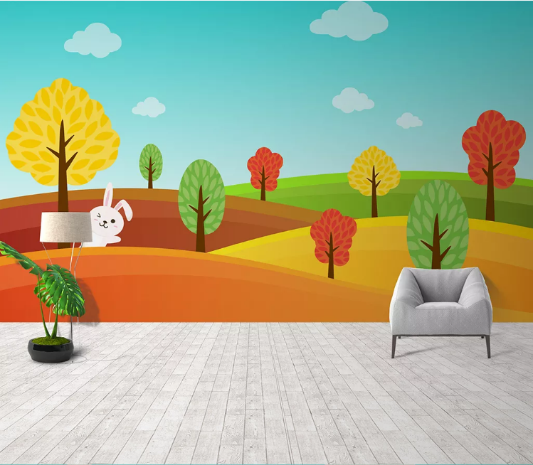 3D Cartoon Rabbit Trees Wall Mural Wallpaper Sf545