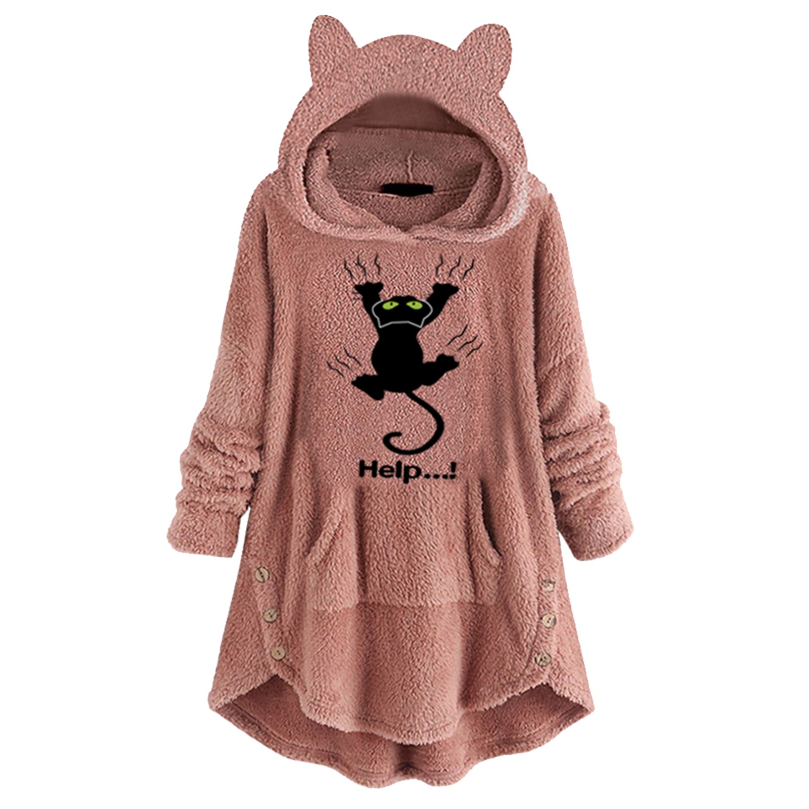 Tunic Length Sweatshirt Clothe Top Women’S Fall/Winter Long Sleeve Cat Ear Hoodie Pullover Hoodie Wool Cute Little Girl Blue alx