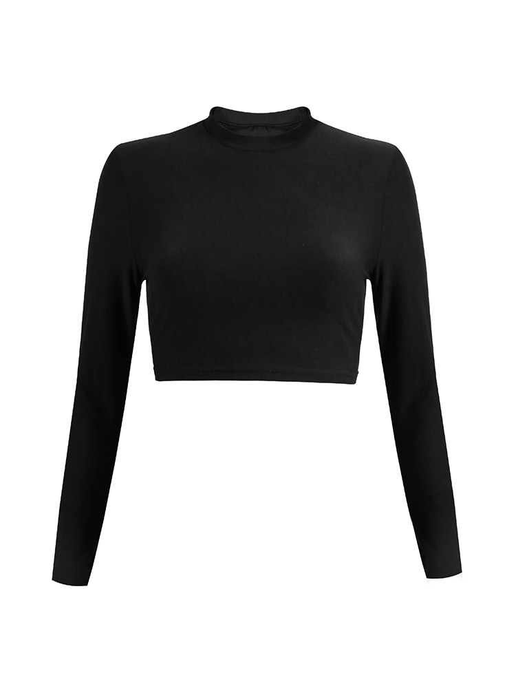 CHRLEISURE Women Sexy Cropped Tops O Neck Long Sleeve Shirt Black Casual Skinny Slim Basic Woman Fashion T Shirts Ladies alx