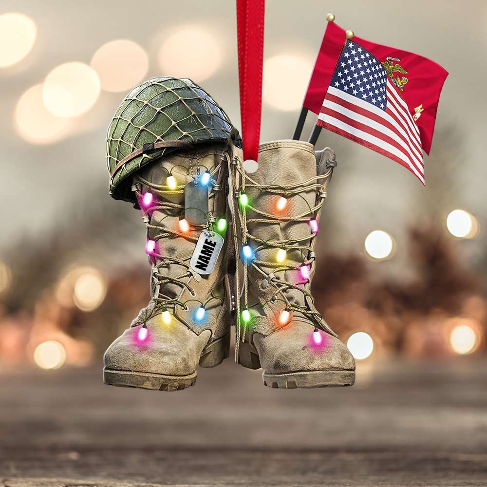 Marine Military Boots Flag Christmas – Personalized Flat Ornament – Military Gift