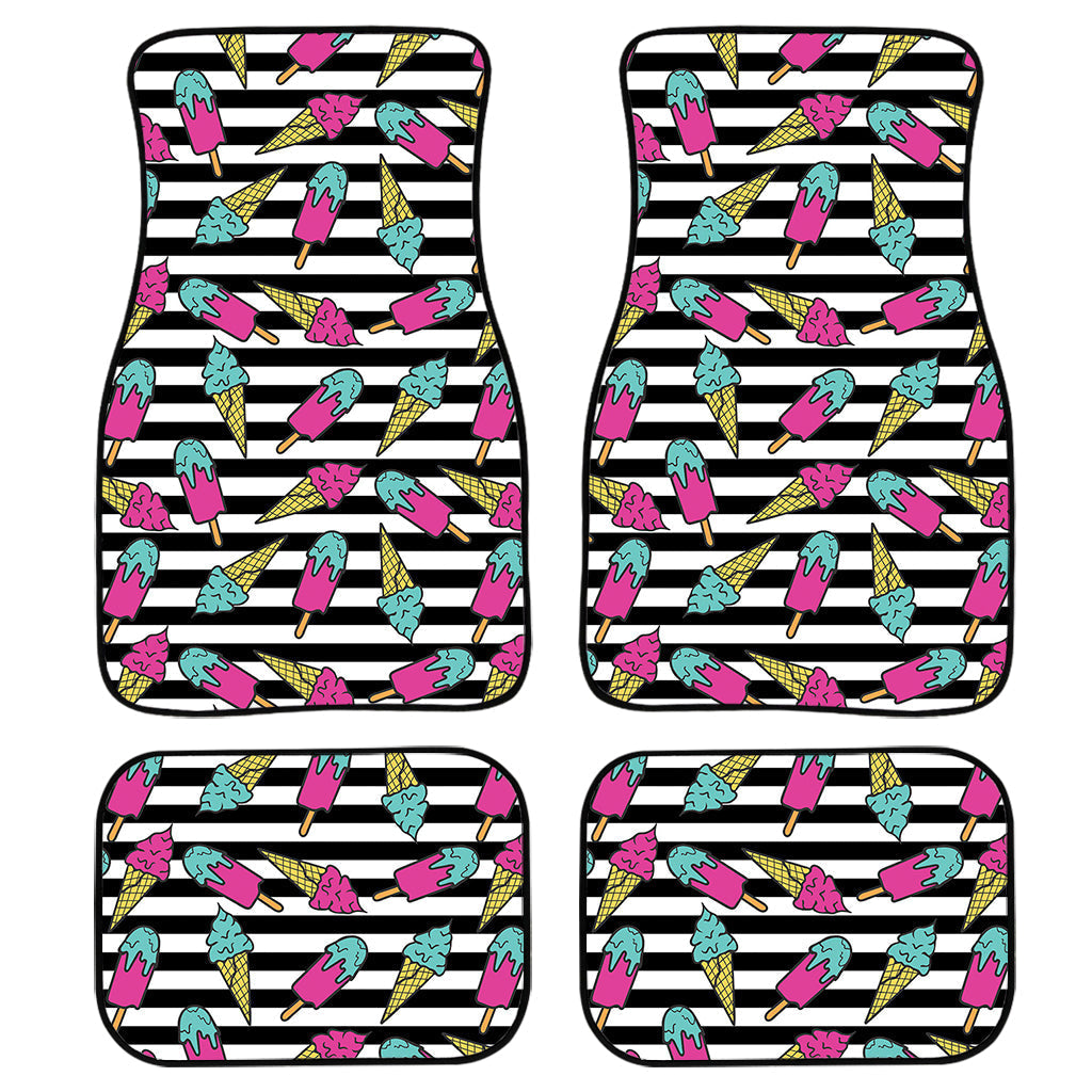 Black Striped Ice Cream Pattern Print Front And Back Car Floor Mats, Front Car Mat