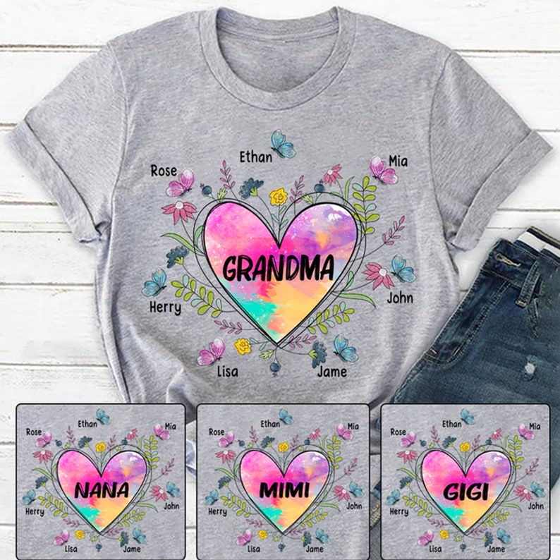 Grandma Heart With Grandkids Flower Shirt, Personalized Grandma Gift, Customized Mother’S Day Shirt, Personalized Grandma Shirt, Nana Tee