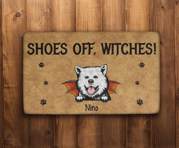 Personalized Doormat, Up To 5 Dogs, Shoes Off Witches, Gift For Halloween And Dog Lovers