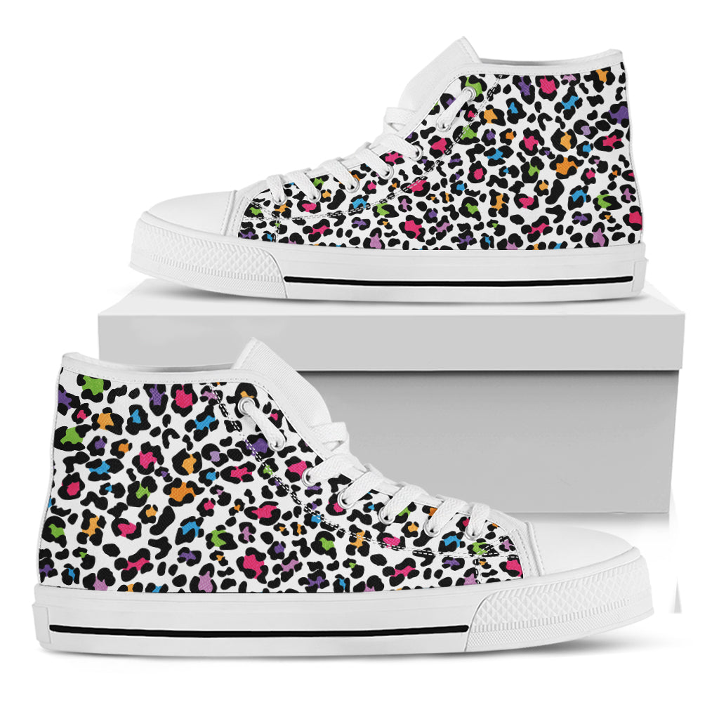 White And Rainbow Leopard Print White High Top Shoes