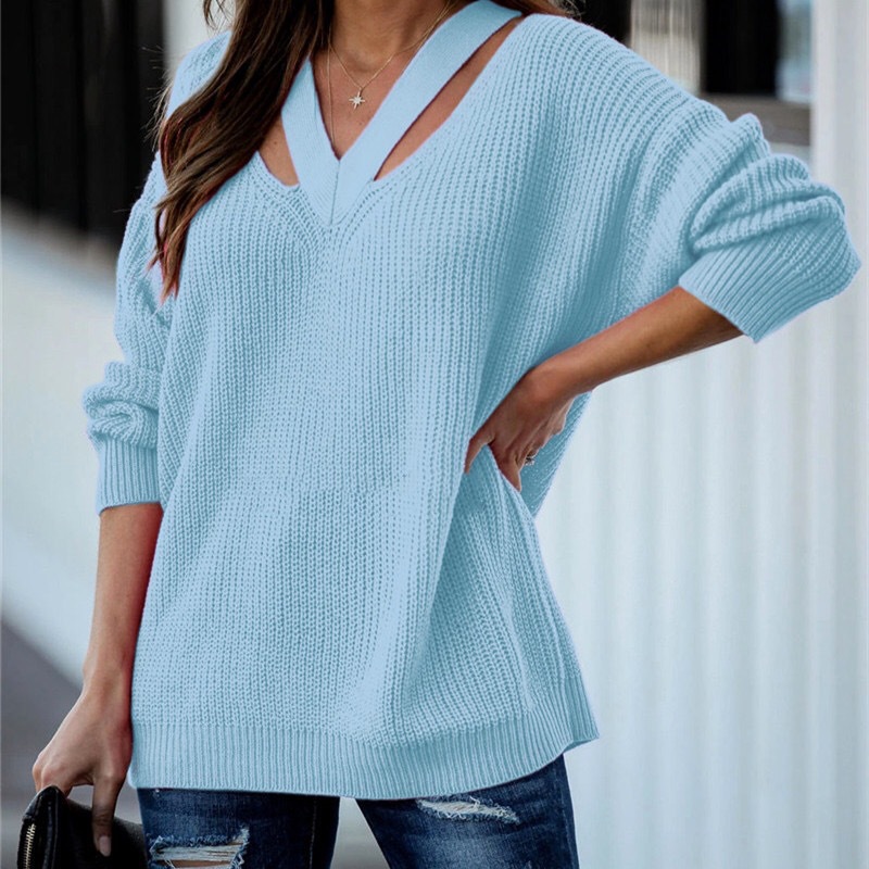 Women’s Sweater Boho V Neck Casual Holiday Knitwear Sweater Women Oversize Sweaters Long Sleeve Solid New Pulovers Top Winter alx