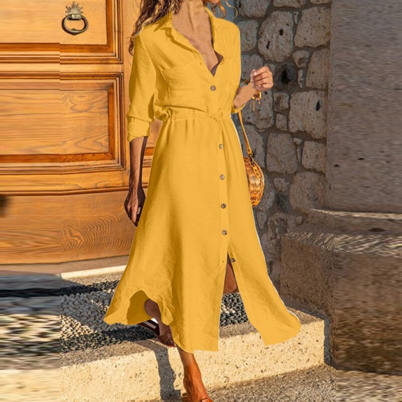 Autumn Fashion Solid Color Cross Waist Long Dress Office Elegant Lapel Long Sleeve Shirt Dress Women’s New A-line Skirt Dress alx