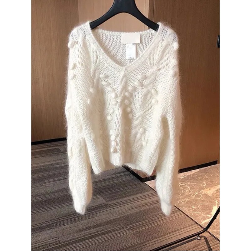 Sweater Women Pull Femme V-neck Long Sleeve Losse Sweet Jumper Fashion Hollow Out Sueter Korean Mohair Knitted Pullovers Tops alx