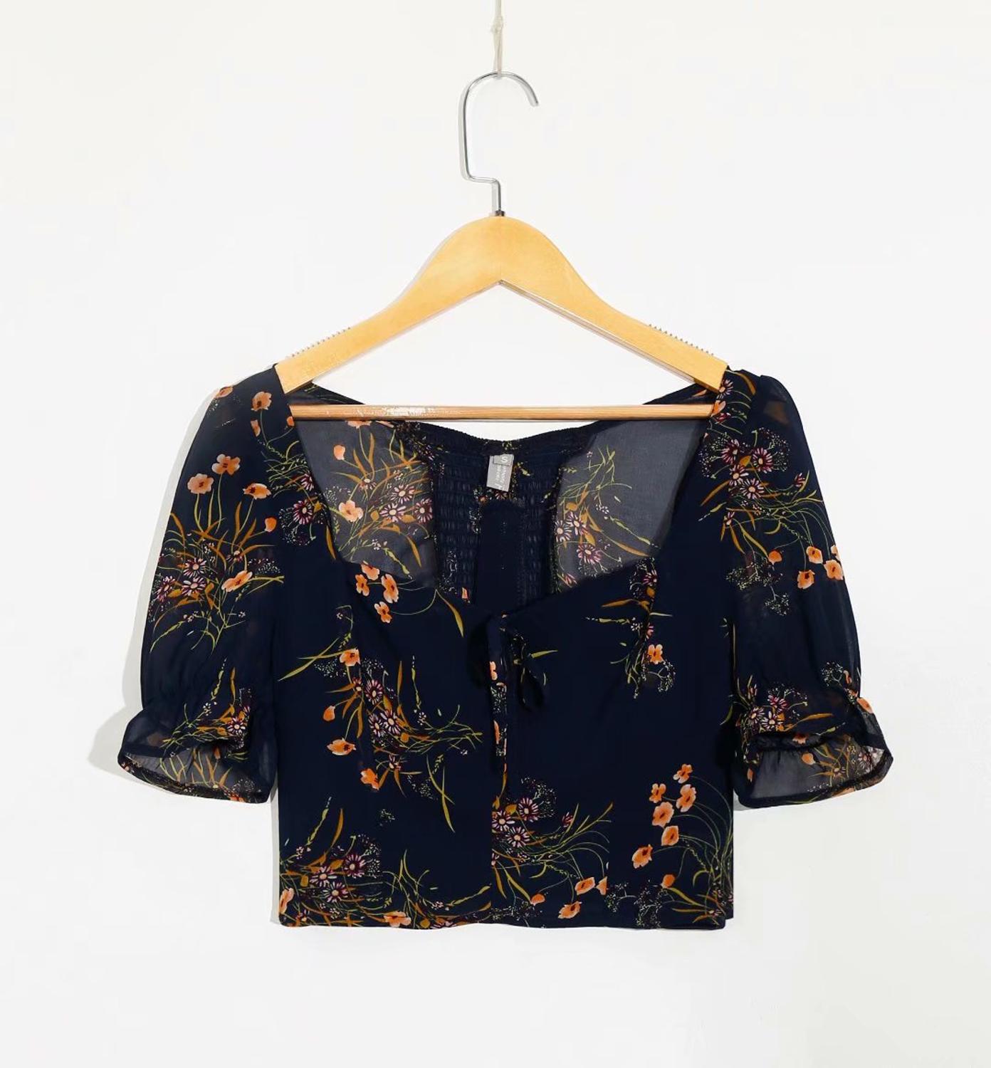 Bazaleas Vintage Slim Elastic Tops France Floral Print Navy Women blouse Elegant blusas mujer de moda 2020 alx