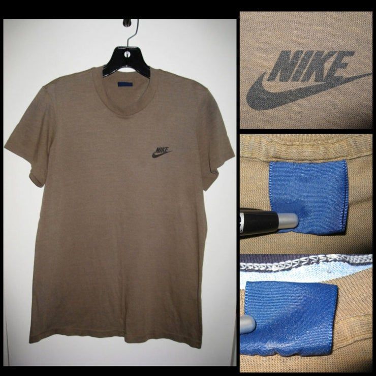 1980 S All Caps Brand Swoosh Military Army Green Blue Label Very Soft Shirt