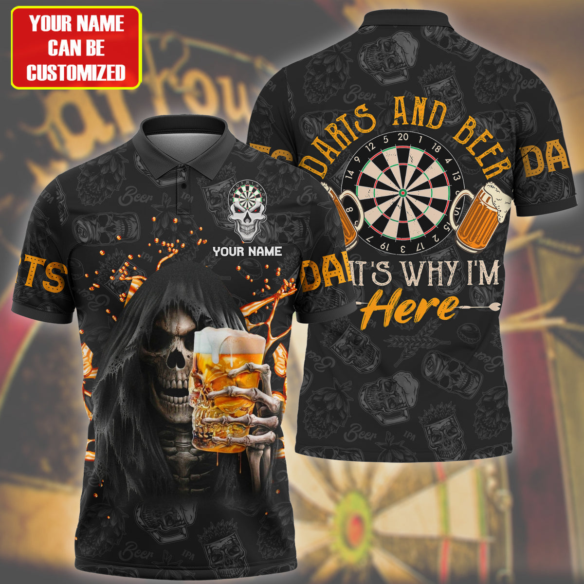 Darts And Beer Personalized Name 3D Polo Shirt, Gift For Dart Lover, That’S Why I’M Here