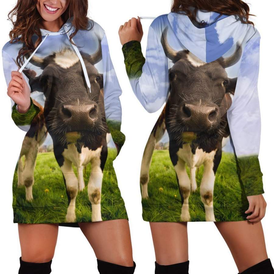 3D All Over Printed Cow And Flower Hoodie Dress