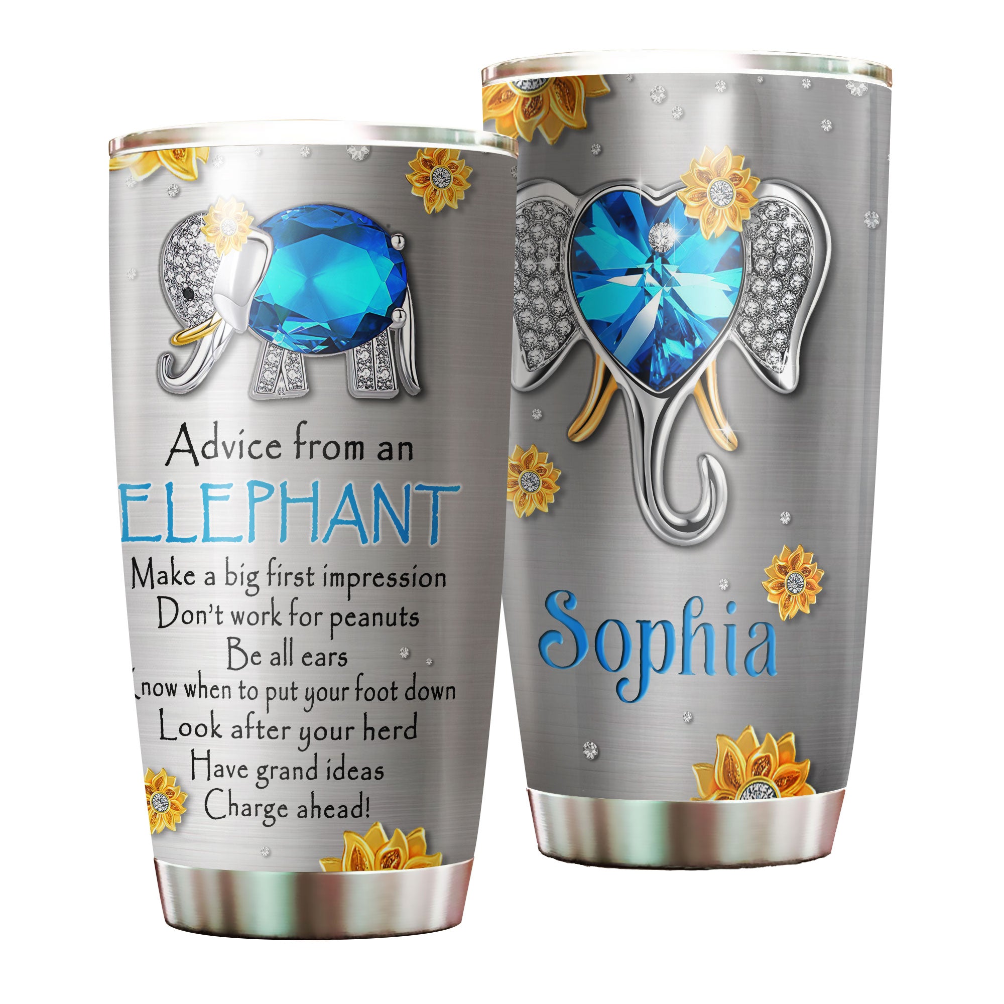 Personalized Diamond Elephant Advice Stainless Steel Tumbler-Thermal Flask Travel Therma Cup With Lid