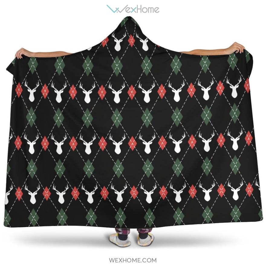 Deer Christmas New Year Pattern Argyle Hooded Blanket