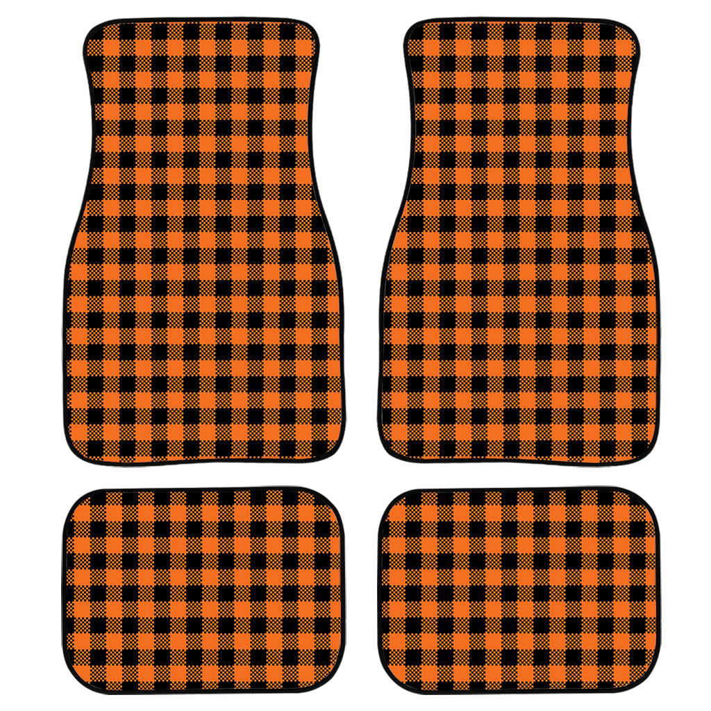 Orange Buffalo Plaid Print Front And Back Car Floor Mats, Front Car Mat