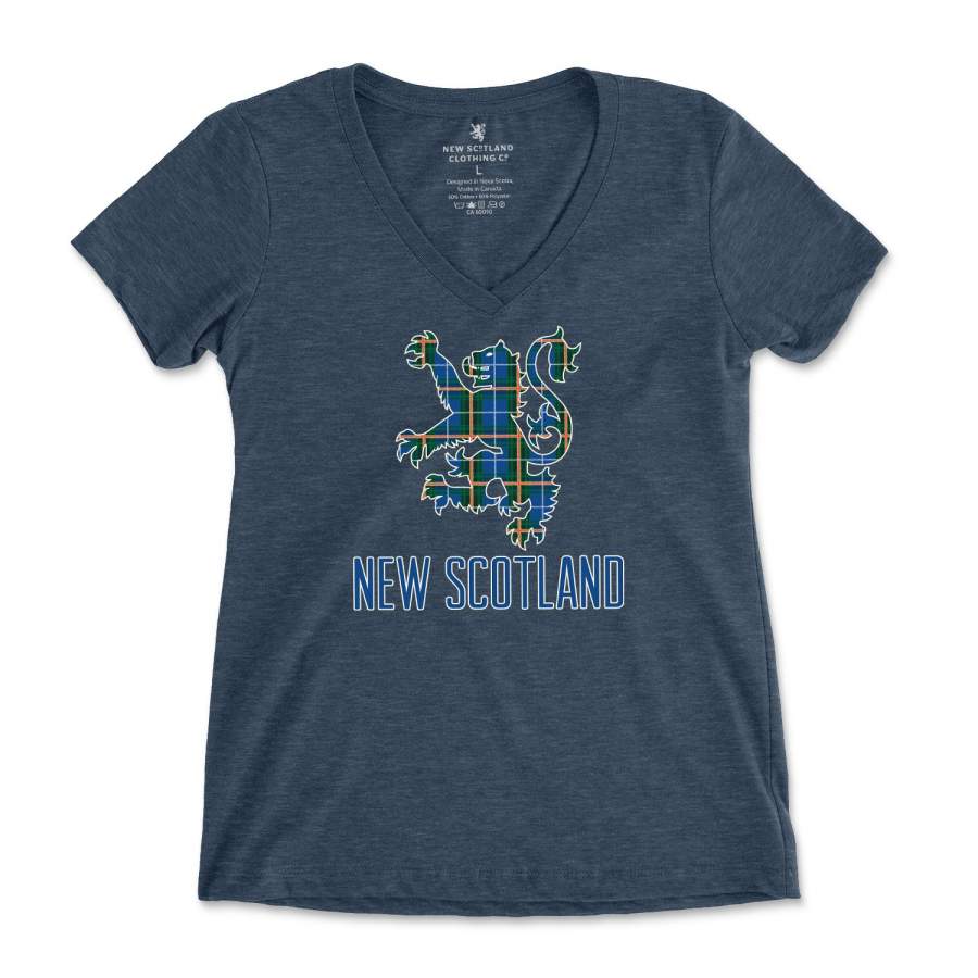 50/50 Organic Recycled Nova Scotia Tartan Lion V-Neck T-shirt in Heather Navy