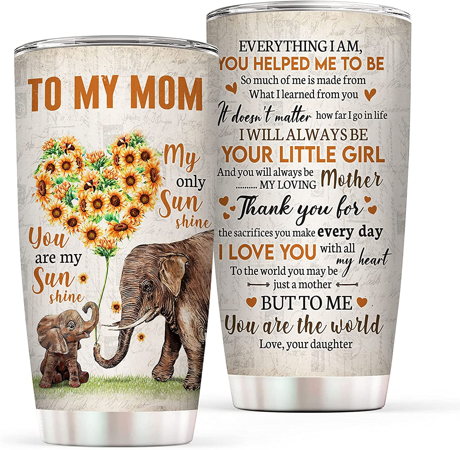 Mom Gifts From Daughters – 20Oz Stainless Steel Insulated Elephant Mom Tumbler – Christmas Valentines Day Mom Birthday Gifts Mothers Day Gifts From Daughter For Mom New Mom Bonus Mom