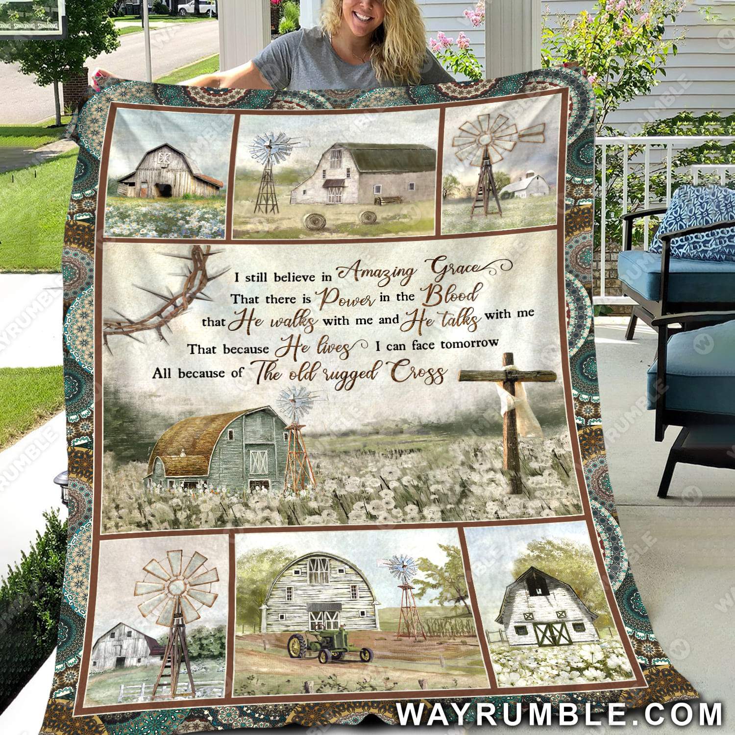 Cotton Flower Field, Wooden  Cross, Vintage House, I Still Believe In Amazing Grace – Jesus Blanket