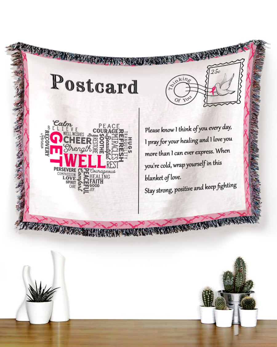 Woven Throw Breast Cancer Awareness Gift, Get Well Postcard, Cotton Blanket