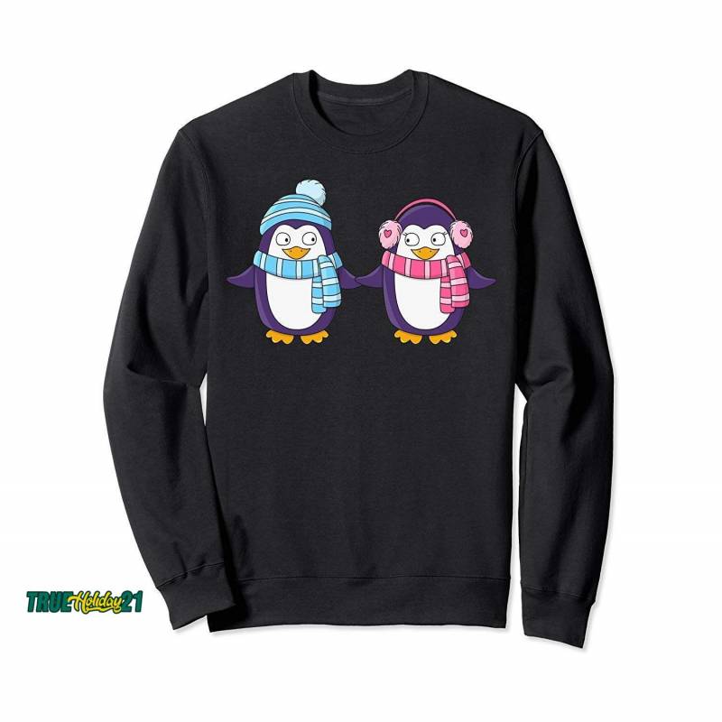 Cute Couple Of Penguins With Scarf And Hat Merry Christmas Sweatshirt