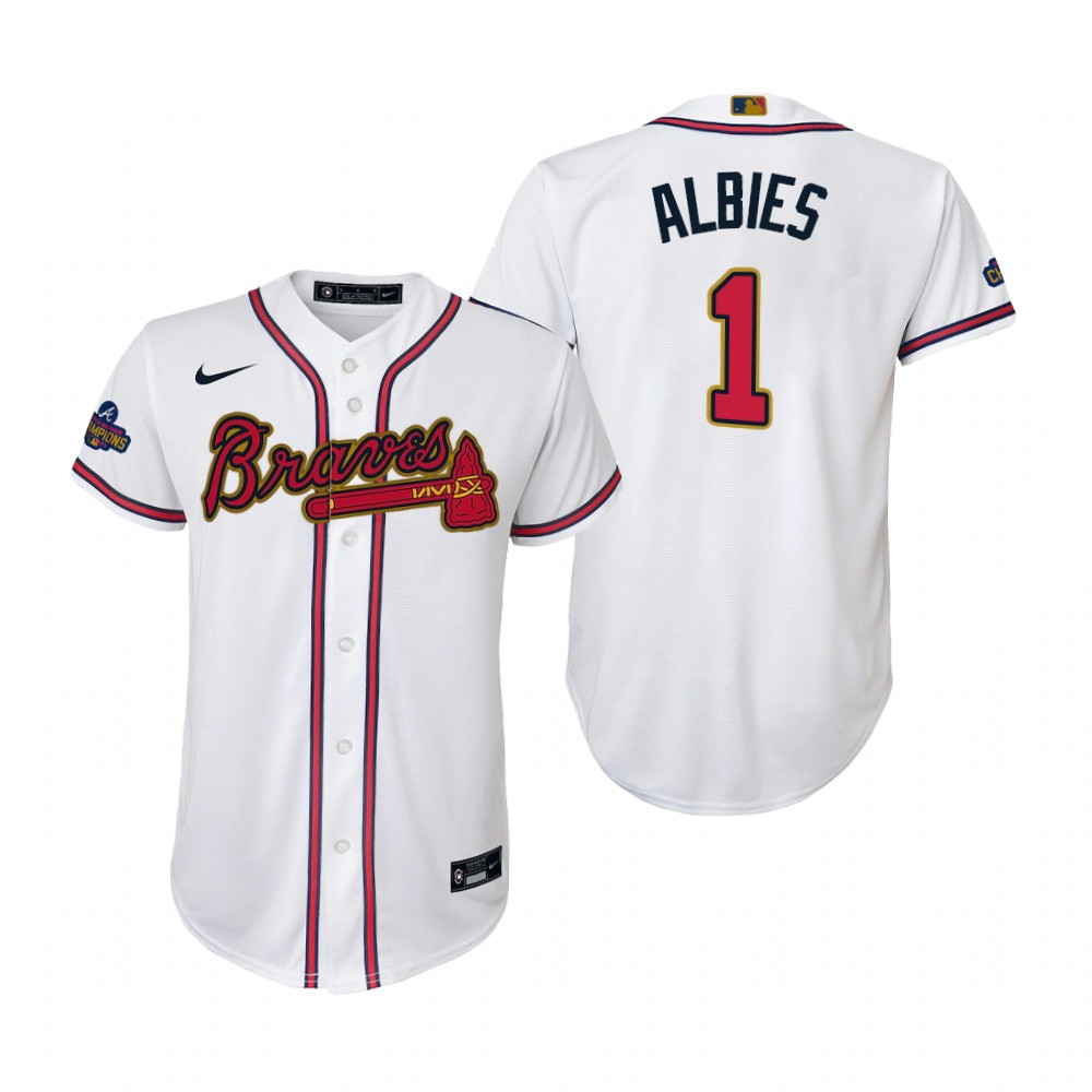 Youth Ozzie Albies 1 Jersey, Atlanta Braves White 2022-23 Gold Program Jersey