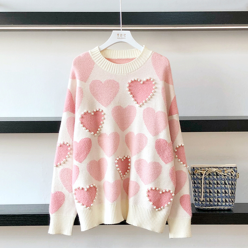 Women’s Knitted Sweater Korean Version Loose Pearls Beading Jumpers Spring Autumn Pink Sweetheart Long Sleeve Pullover Women alx