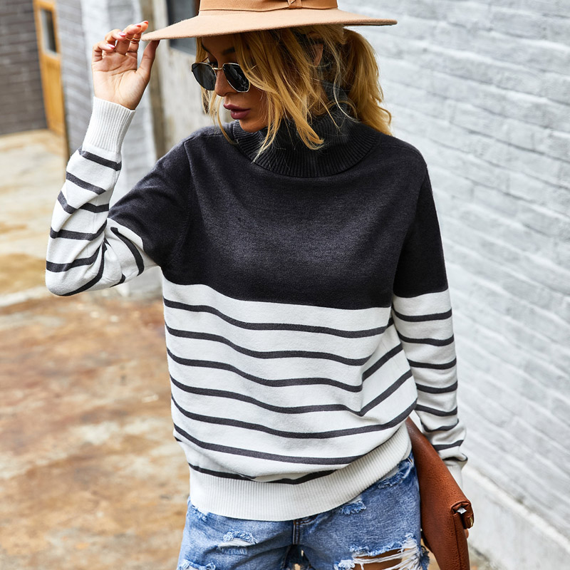 Striped Turtleneck Kintting Sweater Women 2022 Autumn Long Sleeved Casual Jumpers Tops Brown Warm Winter Sweaters Sueter Mujer alx